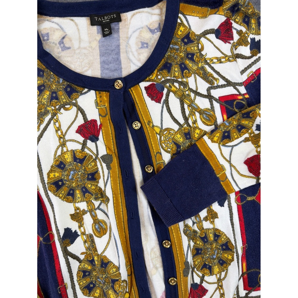 Talbots Cardigan Women Mp Charming Status Print Gold Button‎ Equestrian Sweater